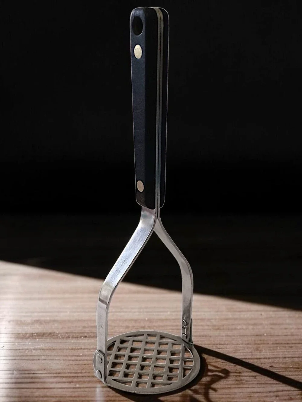 Vintage Flint Arrow Potato Masher Stainless Steel Black Handle USA Kitchen Tool
